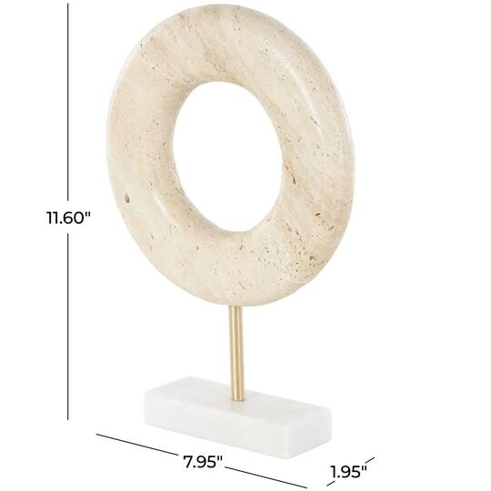 11.5" Cream Marble Geometric Textured Ring Decorative Sculpture with White Base & Gold Stand